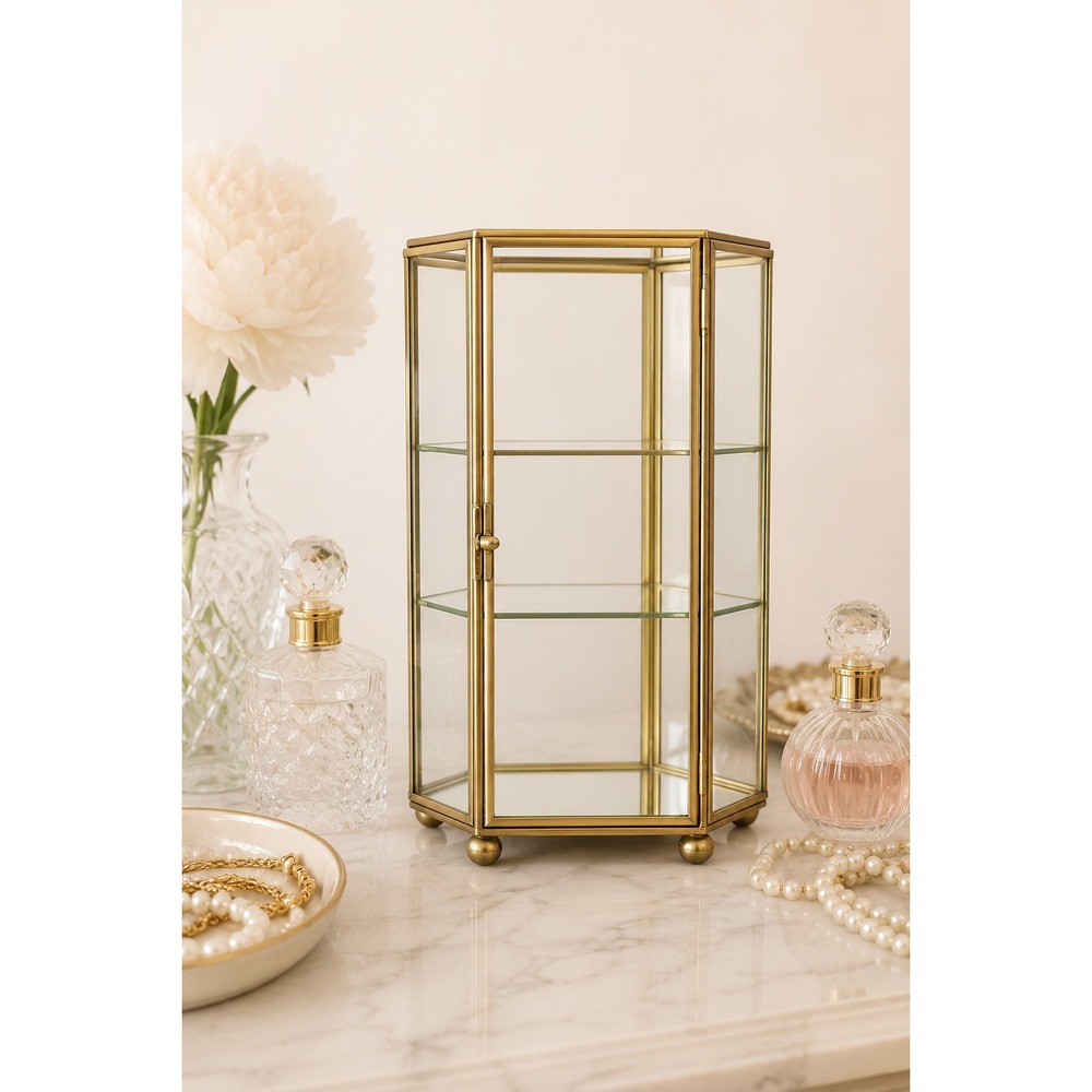 Vintage Brass Tone Mirrored Glass Curio Display Cabinet Jewelry Vanity Shelf 10"